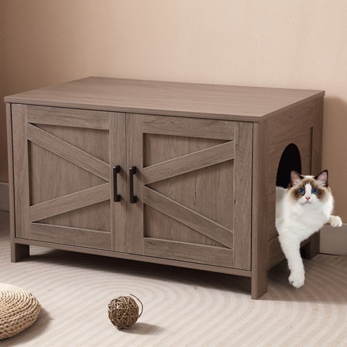 Cat Litter Box Enclosure with Barn Door Design - End Table | Paws and Spaces™