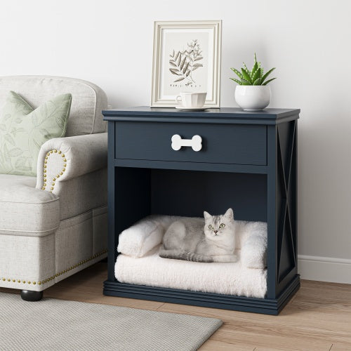 Pet Bed End Table, Bedside Table with Drawer and LED Lighting, Vintage Style Pet Furniture | Paws and Spaces™